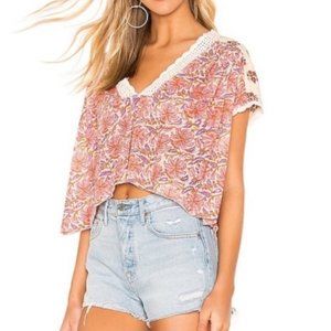 Free People Size Small Leilani Floral Crochet Cropped Top Ivory Pink Purple